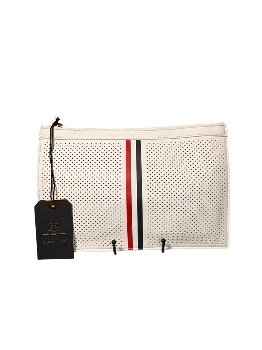 Moda Luxe Frenchie White Perforated Stripe Zip Top Clutch Pouch Bag NWT